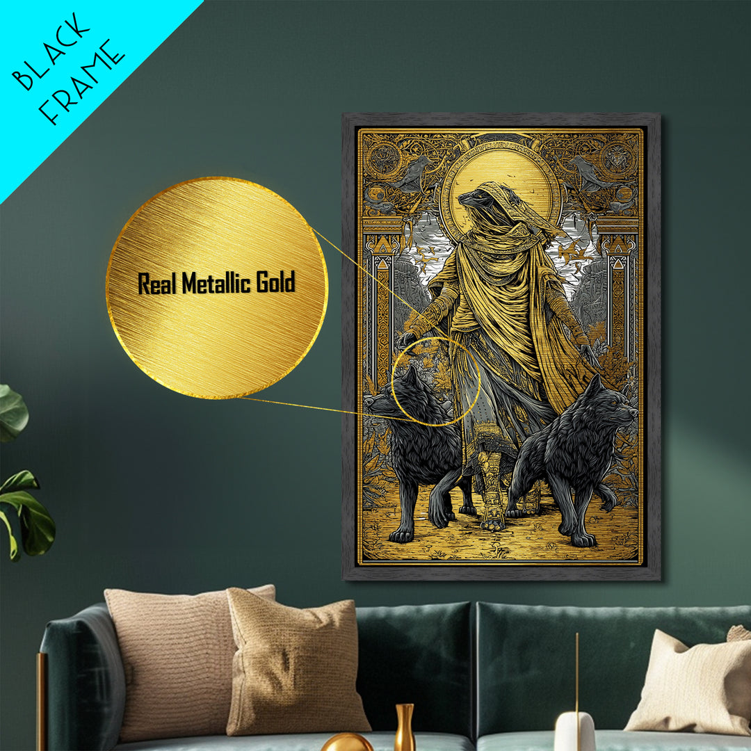 Hooded Deity With Wolves, Metallic Gold Metal Print, Mythology Inspired Artwork, Ancient Symbolic Wall Decor, Real Wood Frame