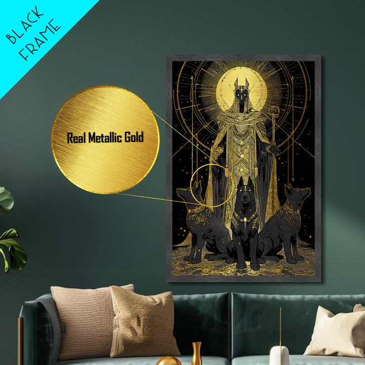Anubis With Sacred Hounds, Metallic Gold Art, Mythology Inspired Metal Print, Egyptian God Wall Artwork, Real Wood Frame