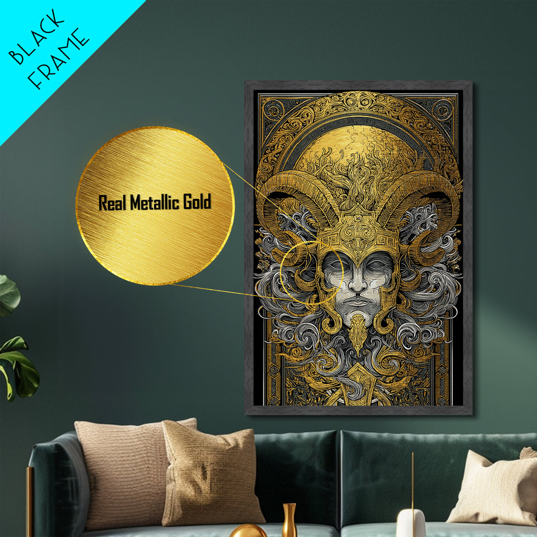 Mythical Horned Warrior Metallic Gold Metal Print, Intricate Greek God Art, Luxury Wall Decor, Real Wood Frame Artwork
