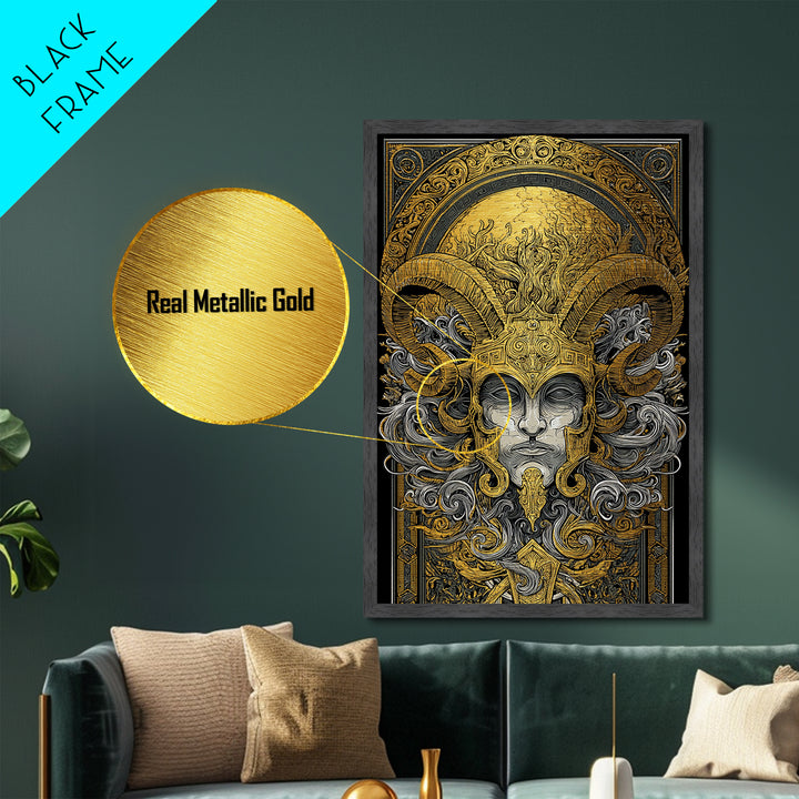 Mythical Horned Warrior Metallic Gold Metal Print, Intricate Greek God Art, Luxury Wall Decor, Real Wood Frame Artwork