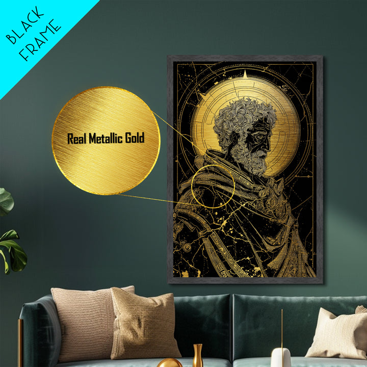 Ancient Philosopher Bust Metallic Gold Metal Print, Greek Portrait Wall Art, Regal Mythology Decor, Real Wood Frame