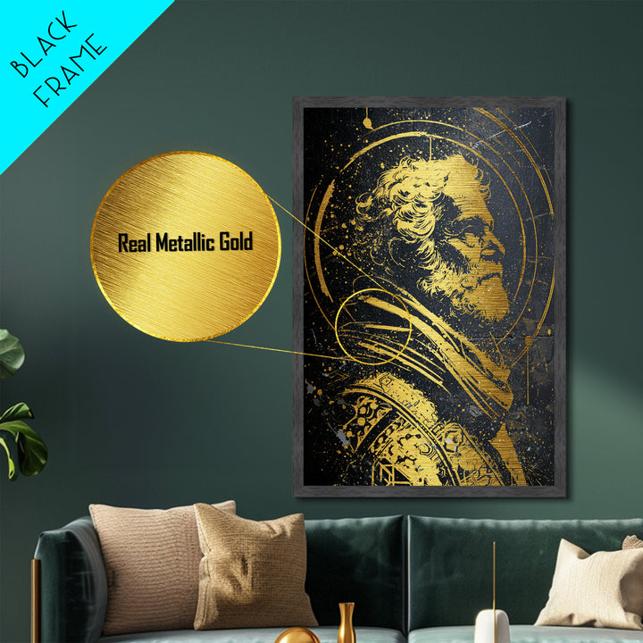 Stoic Elder Portrait Metallic Gold Metal Print, Greek Philosopher Wall Art, Abstract Ancient Decor, Real Wood Frame