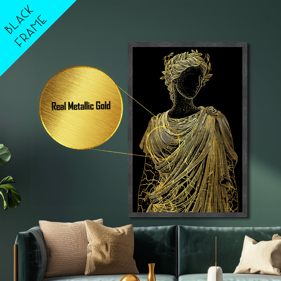 Divine Goddess Bust Metallic Gold Metal Print, Ethereal Greek Statue Art, Elegant Classical Wall Decor, Real Wood Frame