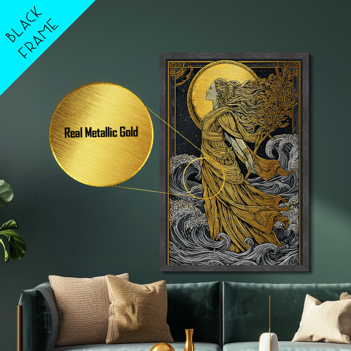 Moonlit Goddess Metallic Gold Metal Print, Flowing Mythology Wall Art, Timeless Greek Fantasy Decor, Real Wood Frame