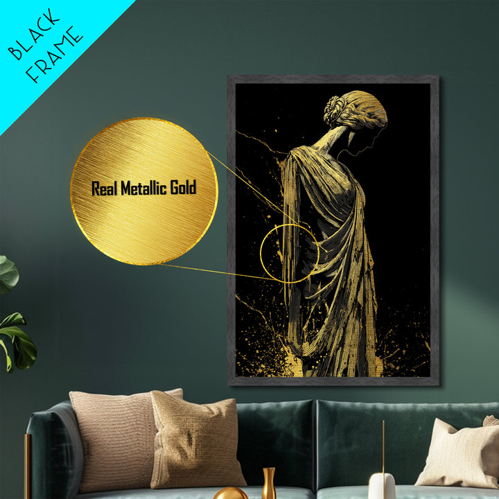 Grecian Muse Silhouette Metallic Gold Metal Print, Elegant Greek Goddess Art, Minimalist Luxury Wall Decor, Real Wood Frame