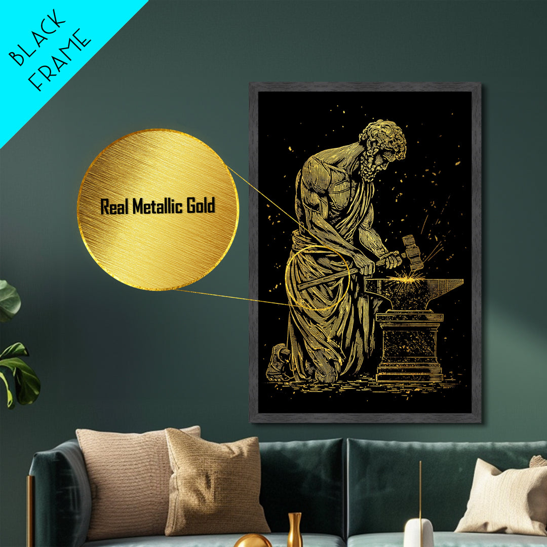 Hephaestus At Forge Metallic Gold Metal Print, Greek God Blacksmith Art, Strong Mythology Wall Decor, Real Wood Frame