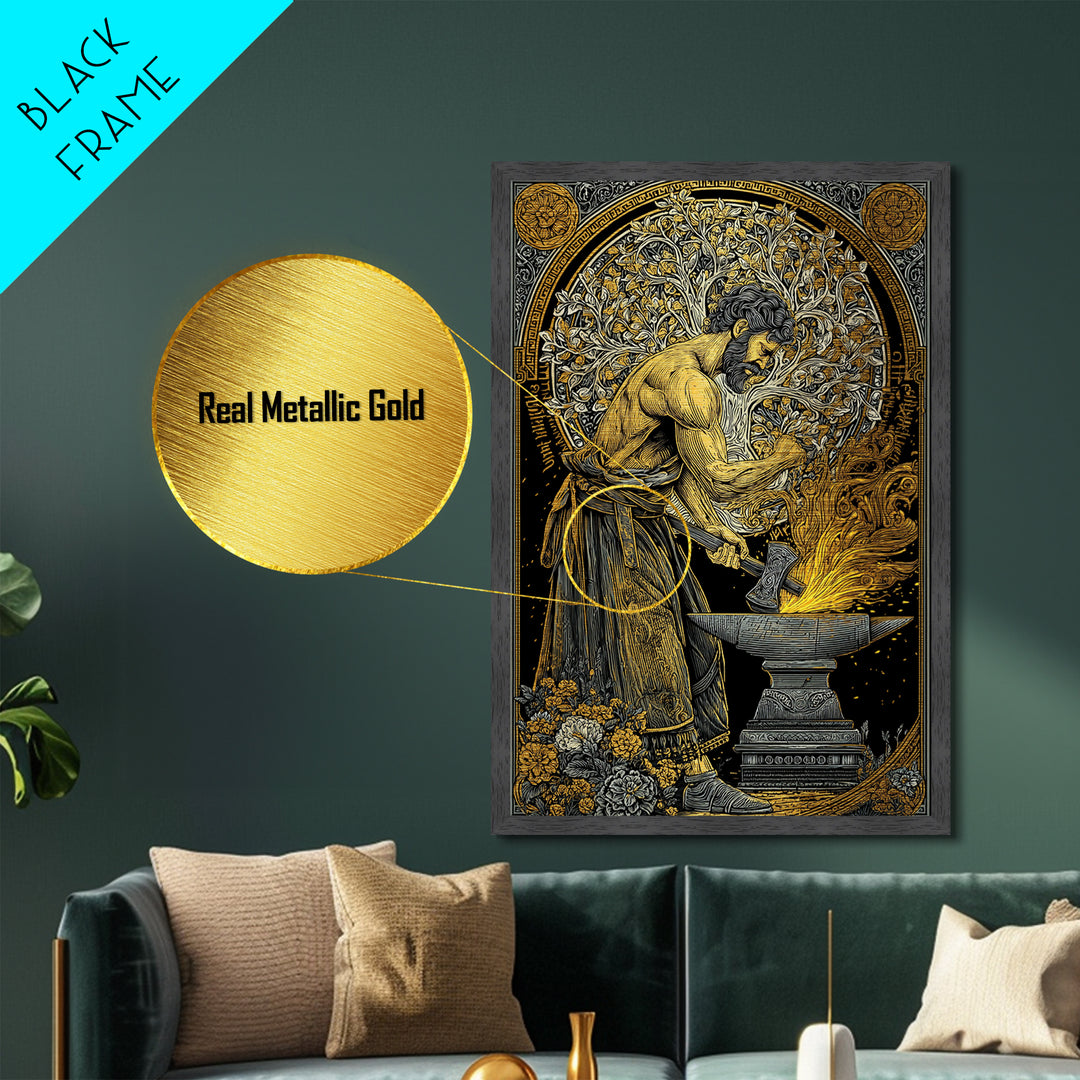 Mythical Forge Master Metallic Gold Metal Print, Ancient Greek Hephaestus Art, Dramatic Mythology Wall Decor, Real Wood Frame