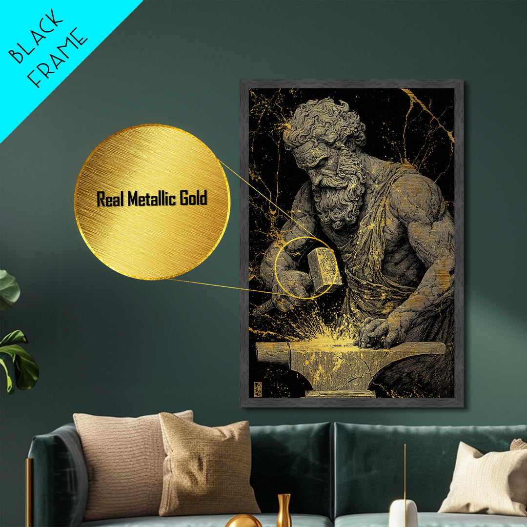 Greek God At Anvil Metallic Gold Metal Print, Mythological Hephaestus Art, Classic Blacksmith Wall Decor, Real Wood Frame