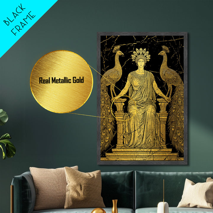 Greek Goddess Hera With Peacocks Metallic Gold Metal Print, Mythology Wall Art, Luxury Wood Framed Art Decor