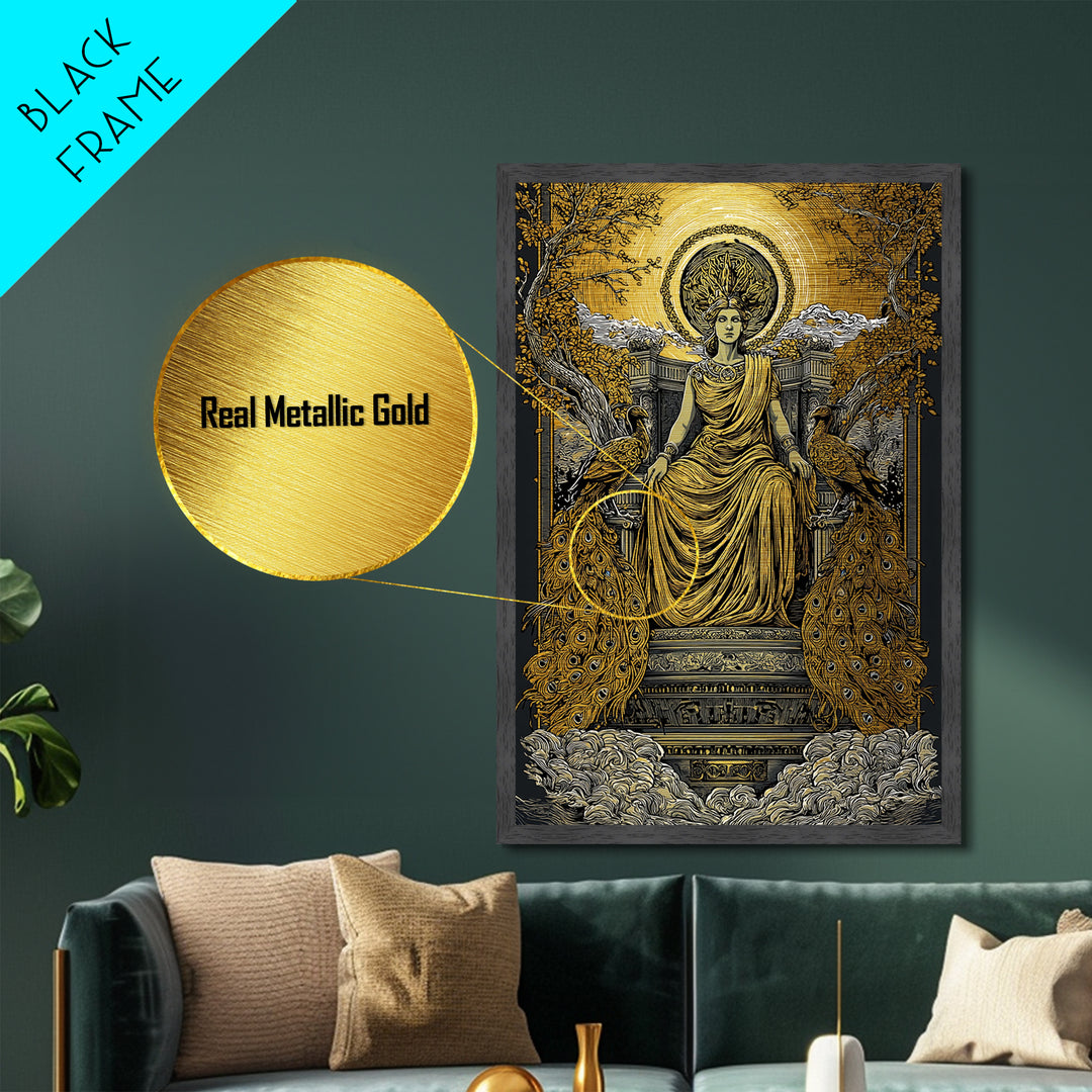Divine Queen Hera Metallic Gold Metal Print, Greek Goddess Wall Art, Regal Mythology Decor, Real Wood Frame Artwork