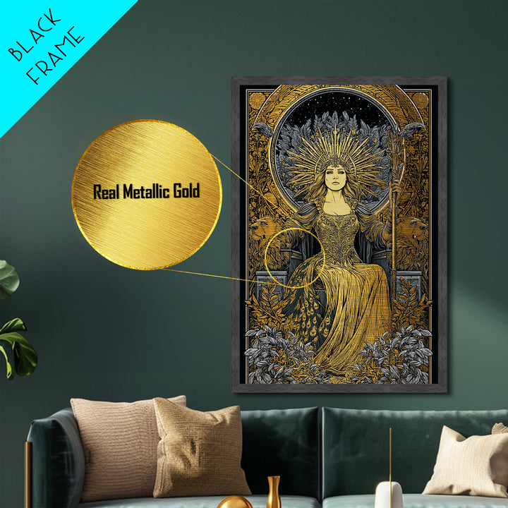 Greek Goddess Hera Throne Metallic Gold Metal Print, Mythology Wall Art, Divine Regal Decor, Real Wood Frame Artwork