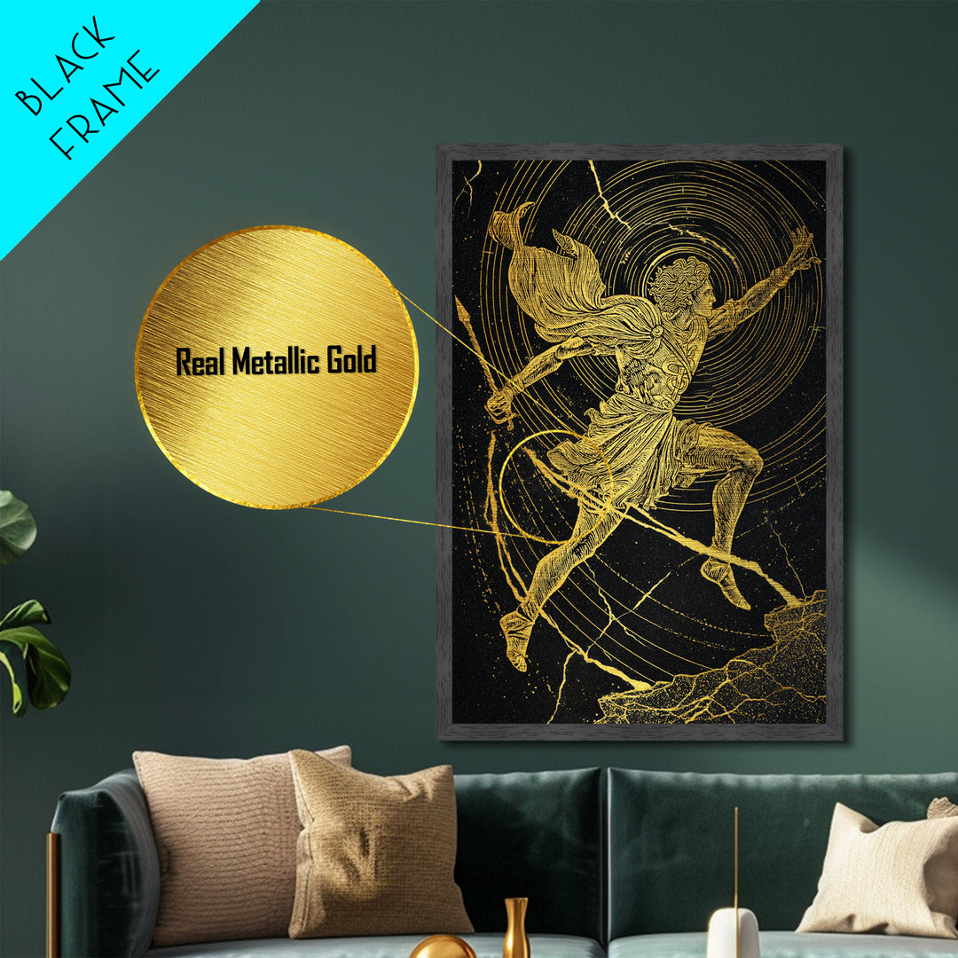 Hermes Running With Caduceus Metallic Gold Metal Print, Greek God Art, Mythology Wall Decor, Luxury Wood Framed Print