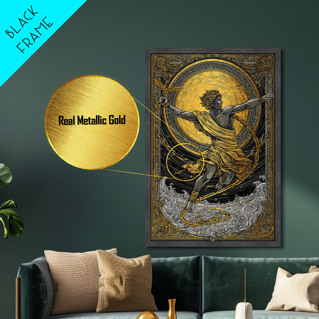 Messenger God Hermes Metallic Gold Metal Print, Ancient Mythology Art, Greek God Wall Decor, Real Wood Frame Artwork