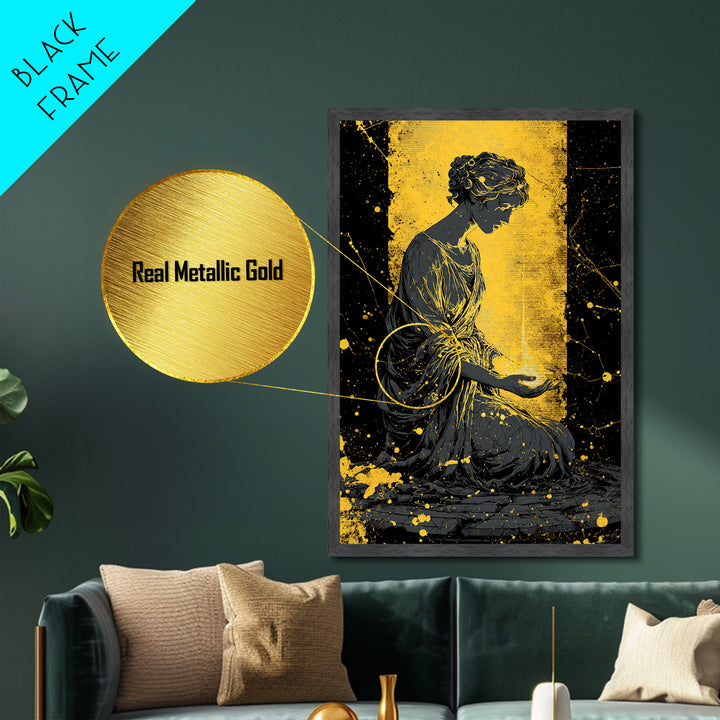 Greek Goddess Hestia With Flame Metallic Gold Metal Print, Ancient Mythology Wall Art, Real Wood Frame Home Decor