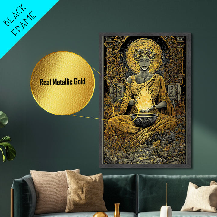 Hestia Goddess Of The Hearth Metallic Gold Metal Print, Divine Fire Wall Art, Mythology Inspired Decor, Wood Frame Print