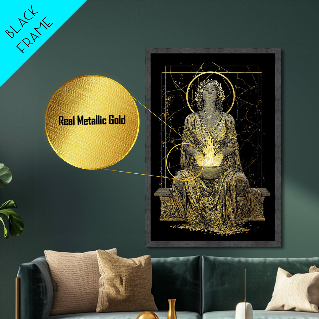 Sacred Flame Hestia Metallic Gold Metal Print, Greek Goddess Wall Art, Ancient Mythology Decor, Luxury Wood Frame Artwork