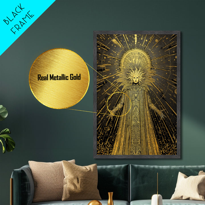 Queen Hera With Crown And Lions, Regal Mythology Goddess, Metallic Gold Metal Print, Greek Art Wall Decor, Real Wood Frame