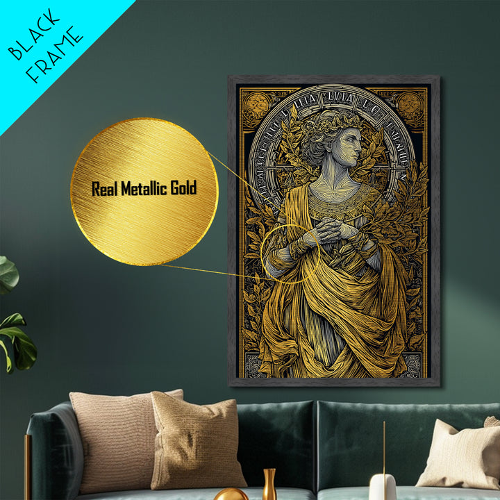 Greek Goddess Hestia With Fire Bowl, Mythology Metallic Gold Metal Print, Ancient Goddess Wall Art, Real Wood Frame