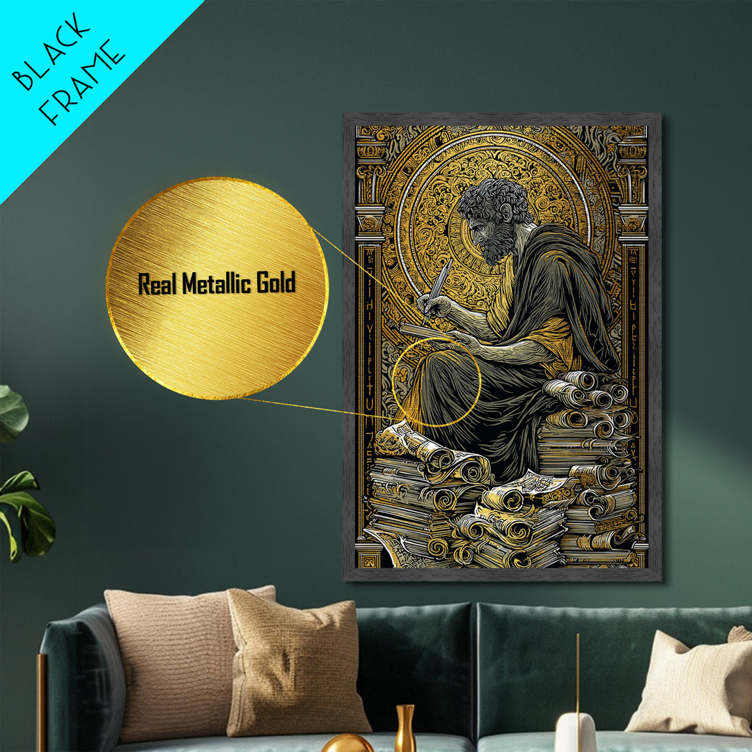 Metallic Gold Metal Print, Ancient Philosopher Writing Art, Greek Scholar Wall Decor, Mythology Artwork, Real Wood Frame