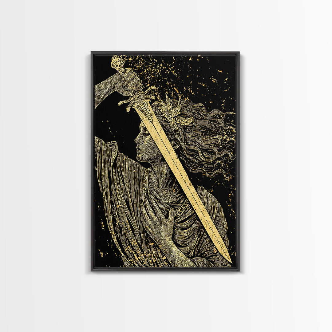 Canvas Gold Canvas Print, Goddess With Sword Art, Greek Mythology Warrior Wall Decor, Divine Strength Artwork, Real Wood Frame