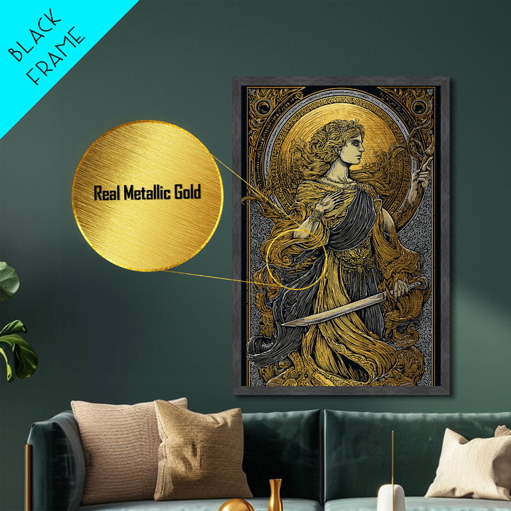 Metallic Gold Metal Print, Mythical Goddess With Sword Art, Ancient Deity Wall Decor, Divine Feminine Strength Artwork, Real Wood Frame