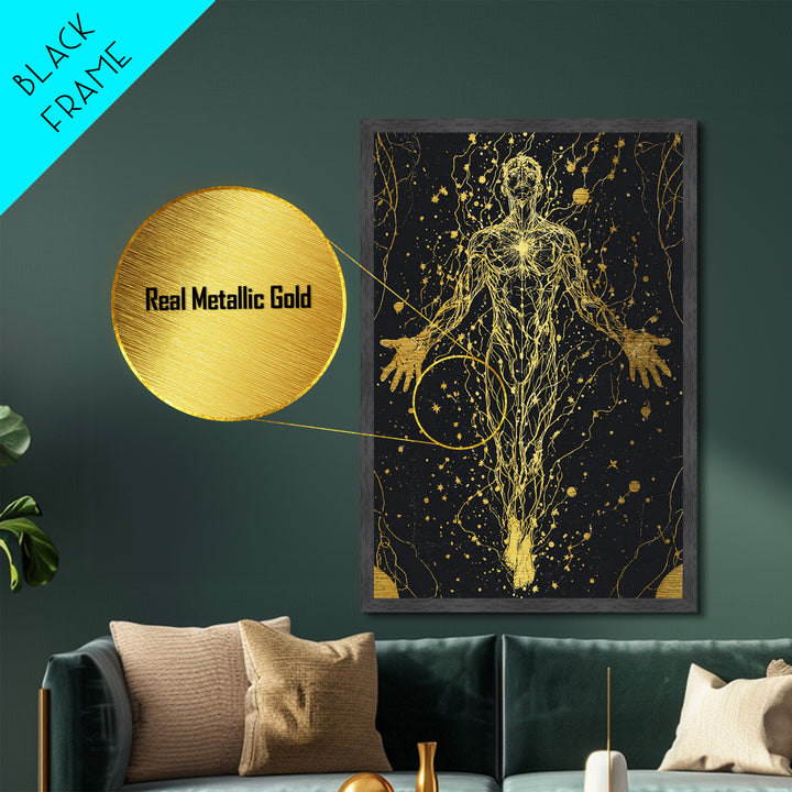 Metallic Gold Metal Print, Cosmic Human Energy Lines Art, Spiritual Awakening Wall Decor, Astral Mythology Artwork, Real Wood Frame