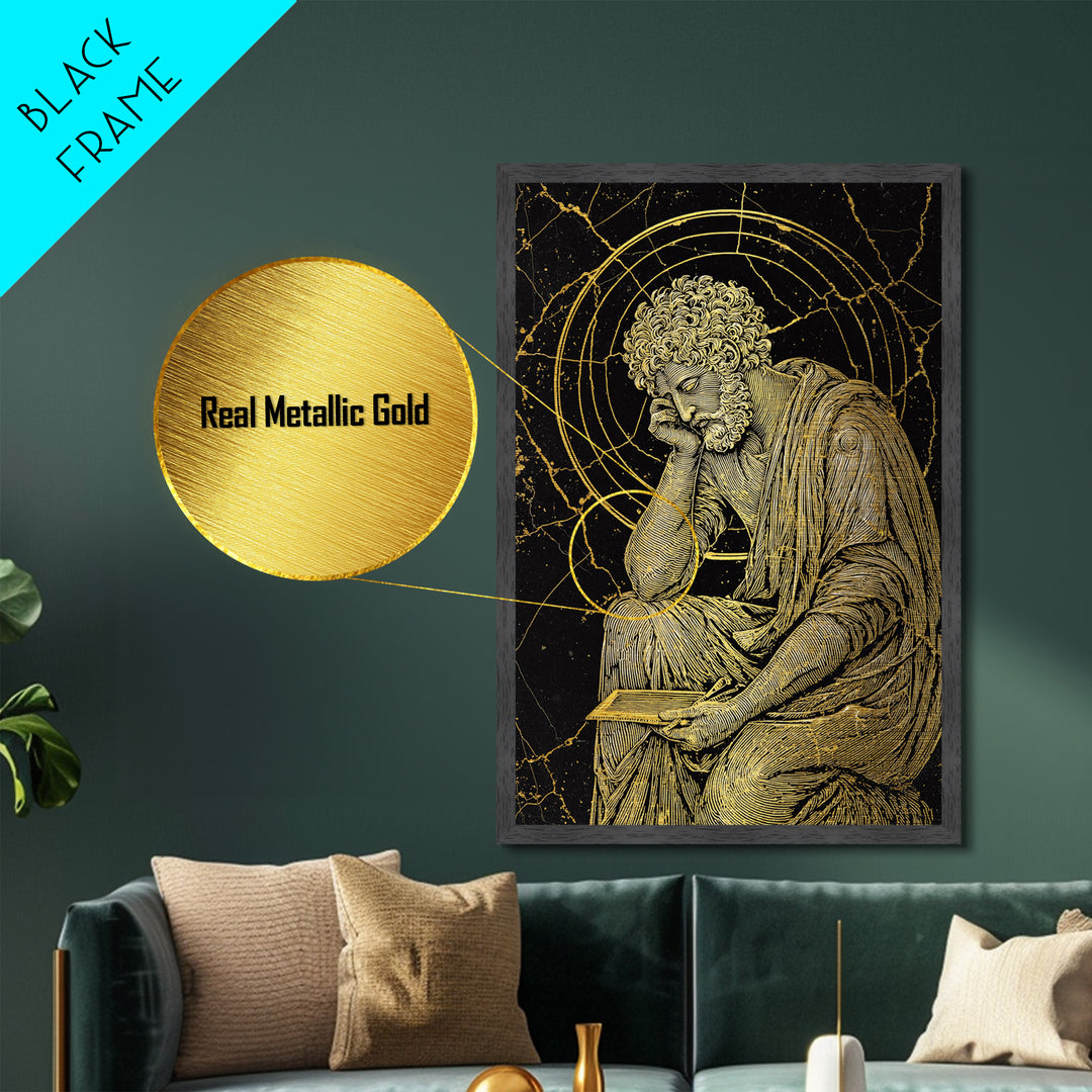 Metallic Gold Metal Print, Stoic Philosopher Sitting Art, Ancient Thinker Wall Decor, Roman Wisdom Artwork, Real Wood Frame
