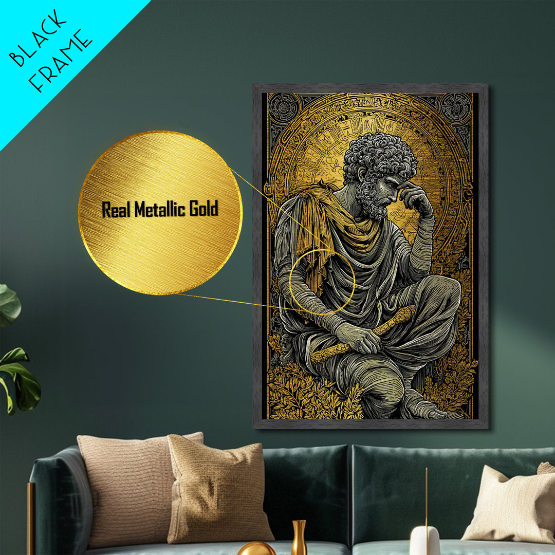 Metallic Gold Metal Print, Greek Philosopher Statue Art, Ancient Wisdom Wall Decor, Classical Thinker Artwork, Real Wood Frame