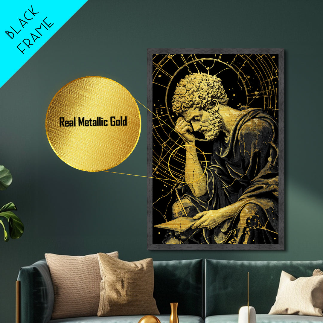 Metallic Gold Metal Print, Pensive Philosopher Study Art, Ancient Scholar Wall Decor, Roman Thinker Artwork, Real Wood Frame