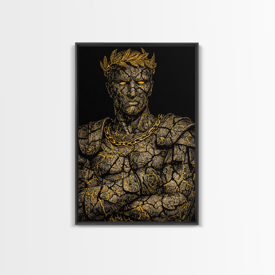 Roman Emperor Bust Canvas Gold Canvas Print, Mythology Wall Art, Regal Warrior Portrait, Classical Decor, Real Wood Frame
