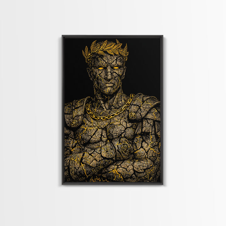 Roman Emperor Bust Canvas Gold Canvas Print, Mythology Wall Art, Regal Warrior Portrait, Classical Decor, Real Wood Frame