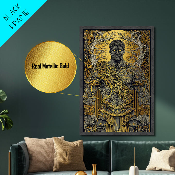 Roman Warrior Metallic Gold Metal Print, Ancient Strength Wall Art, Mythology Inspired Decor, Luxury Home Accent, Real Wood Frame