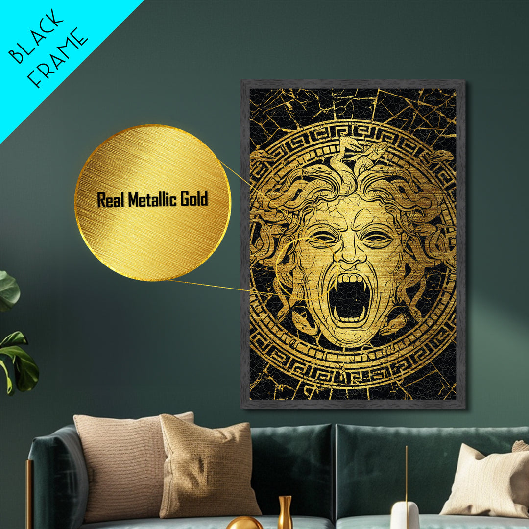 Medusa Head Metallic Gold Metal Print, Mythology Wall Art, Snake Hair Monster Decor, Greek Legend Artwork, Real Wood Frame