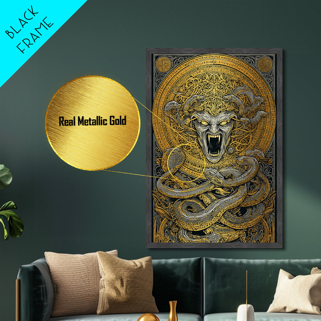 Medusa Serpent Metallic Gold Metal Print, Mythology Wall Art, Fierce Gorgon Decor, Greek Goddess Inspired Artwork, Real Wood Frame