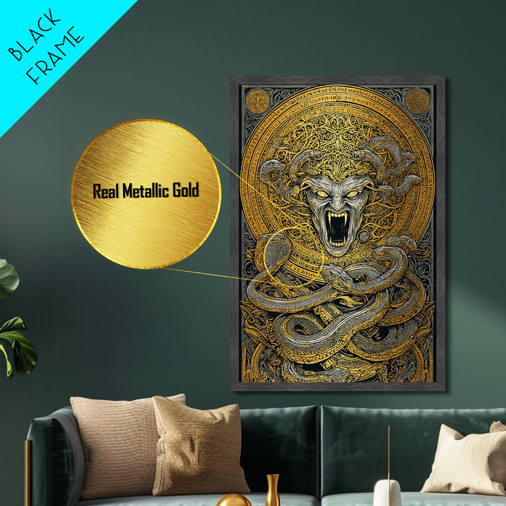 Medusa Serpent Metallic Gold Metal Print, Mythology Wall Art, Fierce Gorgon Decor, Greek Goddess Inspired Artwork, Real Wood Frame