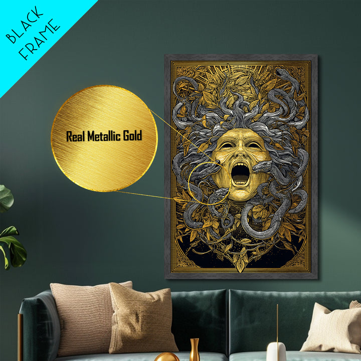 Medusa Mask Metallic Gold Metal Print, Snake Hair Wall Art, Mythology Decor, Greek Gorgon Artwork, Intricate Myth Print, Real Wood Frame