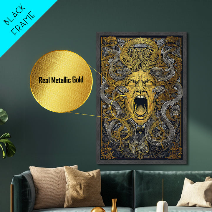 Medusa Snakes Metallic Gold Metal Print, Mythology Wall Art, Fierce Gorgon Decor, Ancient Greek Inspired Artwork, Real Wood Frame