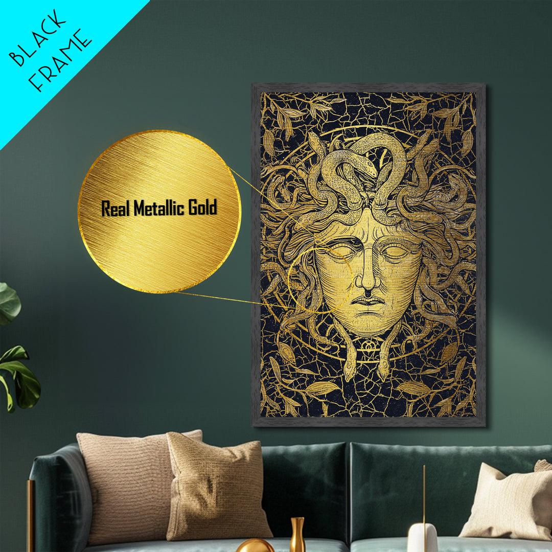 Medusa Head Metallic Gold Art, Mythology Wall Print, Snake Hair Decor, Fierce Ancient Greek Gorgon Artwork, Real Wood Frame