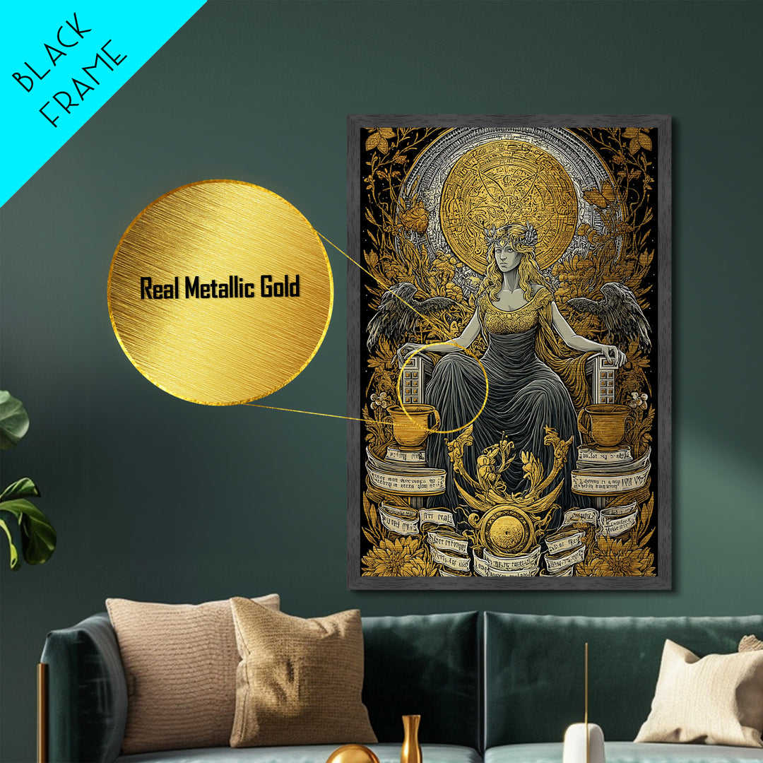 Goddess Throne Metallic Gold Metal Print, Mythology Wall Art, Divine Queen Decor, Ancient Inspired Spiritual Artwork, Real Wood Frame