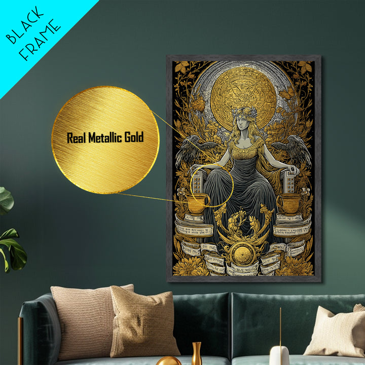 Goddess Throne Metallic Gold Metal Print, Mythology Wall Art, Divine Queen Decor, Ancient Inspired Spiritual Artwork, Real Wood Frame