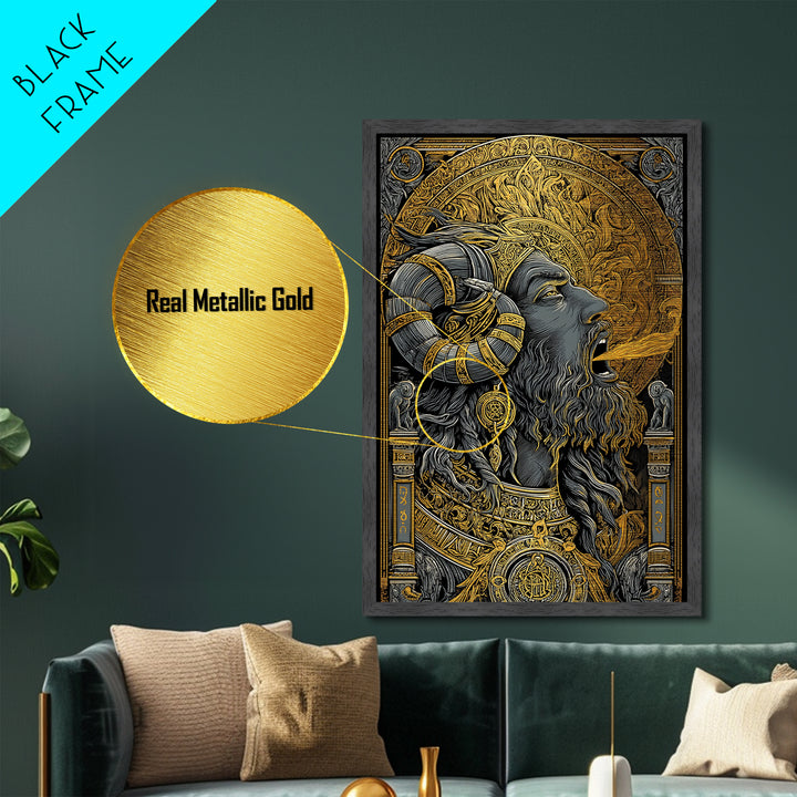 Horned God Metallic Gold Metal Print, Mythology Wall Art, Fire Breathing Deity Decor, Pagan Inspired Spiritual Artwork, Real Wood Frame