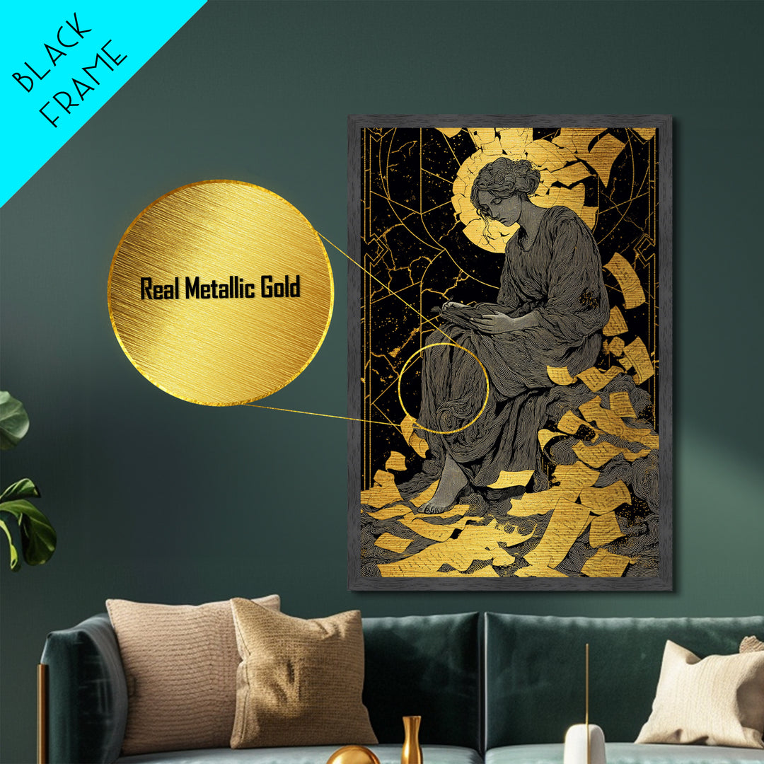 Roman Emperor Bust Metallic Gold Metal Print, Ancient Warrior Wall Art, Classical Statue Artwork, Mythology Inspired Real Wood Frame