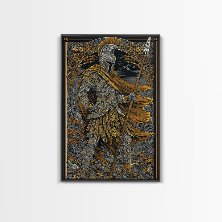 Ancient Hero Canvas Gold Canvas Print, Mythological Warrior Art, Classical Armor Wall Decor, Fantasy Epic Artwork Real Wood Frame