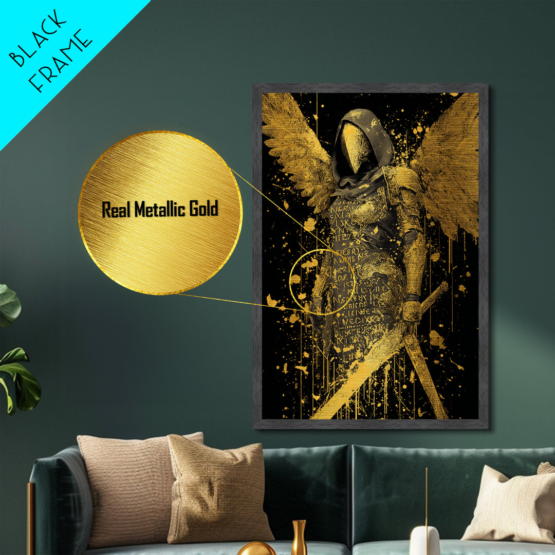 Medusa Serpent Head Metallic Gold Metal Print, Classical Myth Wall Art, Ancient Monster Artwork, Legendary Creature Decor Wood Frame