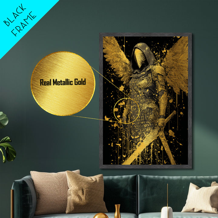 Medusa Serpent Head Metallic Gold Metal Print, Classical Myth Wall Art, Ancient Monster Artwork, Legendary Creature Decor Wood Frame