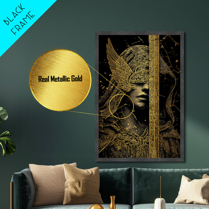 Medusa Mythical Creature Metallic Gold Metal Print, Ancient Serpent Goddess Art, Classical Monster Wall Decor Real Wood Frame