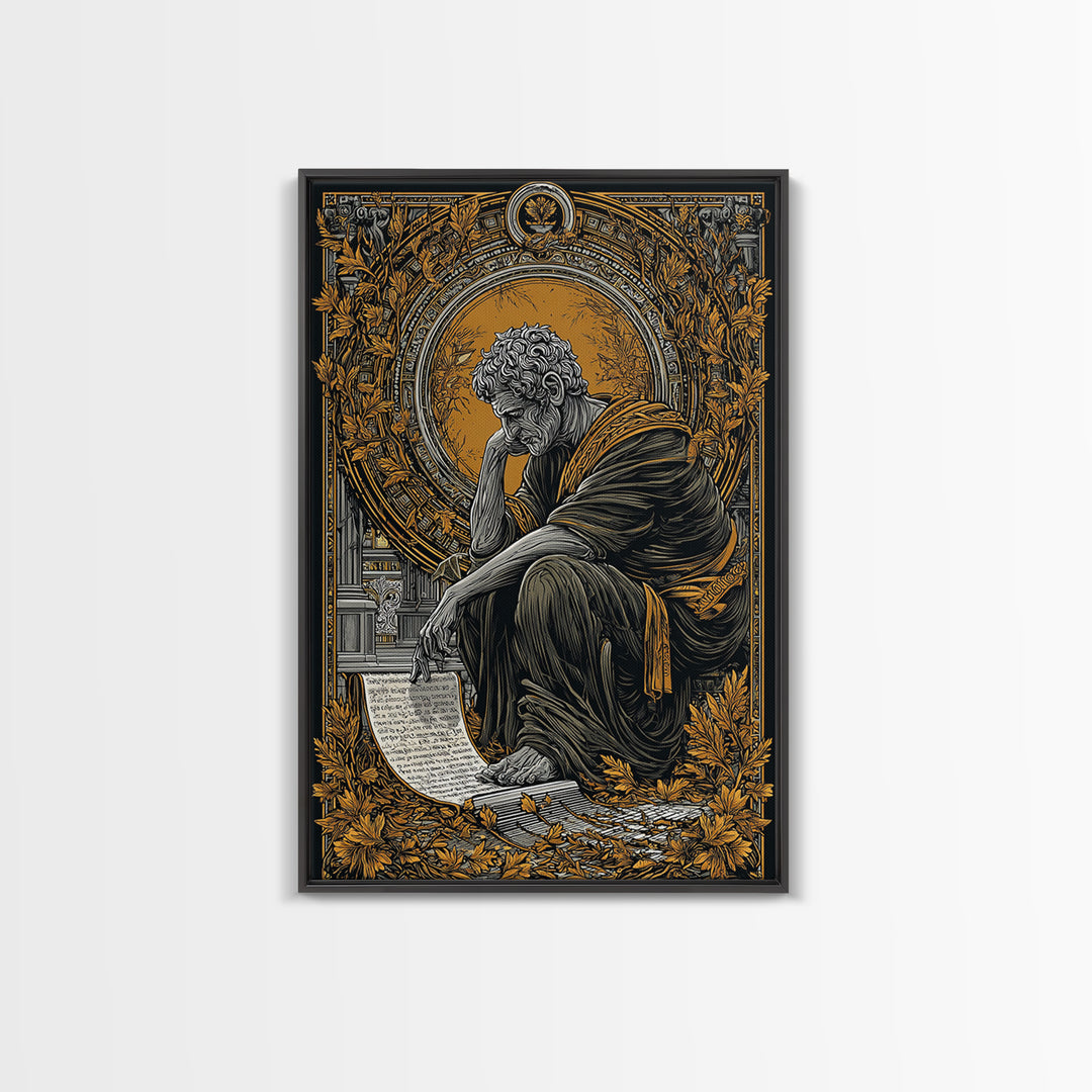 Horned God Canvas Gold Canvas Print, Mythical Warrior Wall Art, Ancient Deity With Flames Artwork, Fantasy Myth Decor Real Wood Frame