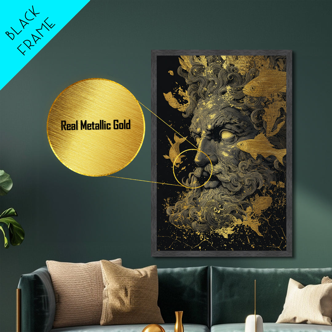 Ocean God Oceanus Metallic Gold Metal Print, Greek Mythology Sea Deity Art, Real Wood Frame, Elegant Nautical Wall Decor