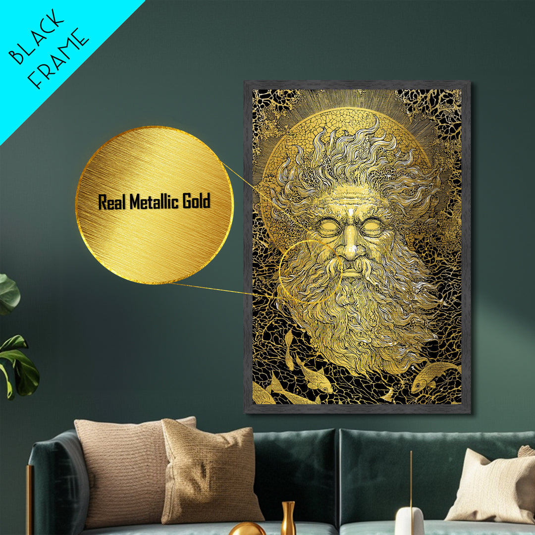 Ancient Sea God Oceanus Metallic Gold Art, Mythological Wall Print, Real Wood Frame, Classical Maritime Inspired Home Decor