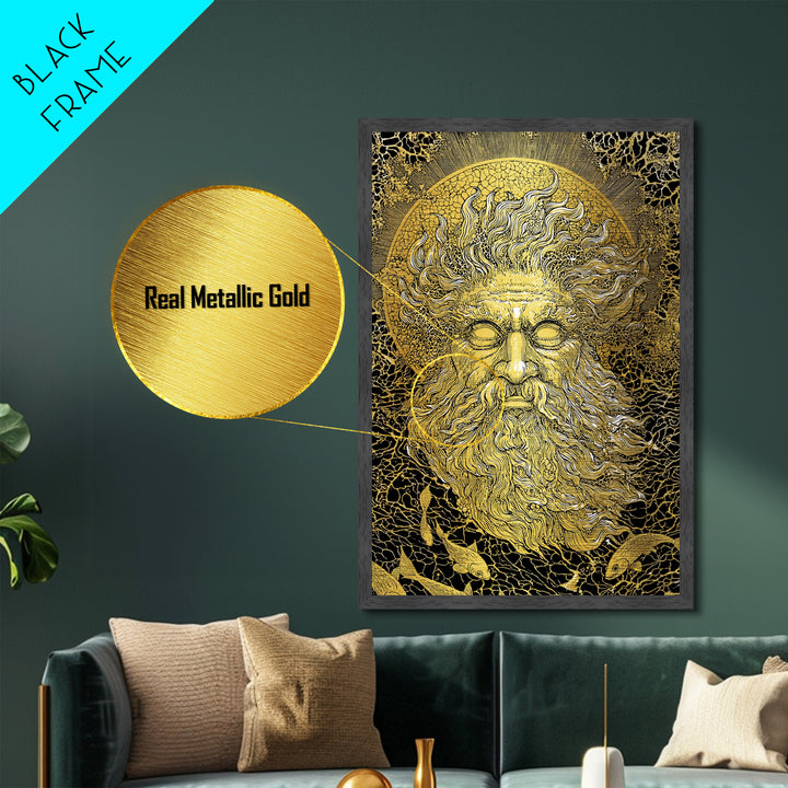 Ancient Sea God Oceanus Metallic Gold Art, Mythological Wall Print, Real Wood Frame, Classical Maritime Inspired Home Decor